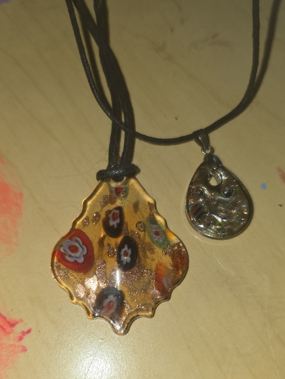 Gold-Tone Millefiori Glass Teardrop Necklace with Black Cord Set Of Two